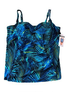 Alia Plus Size Tankini Swim Top 3X Blue Palm Print Built-In Bra NWT